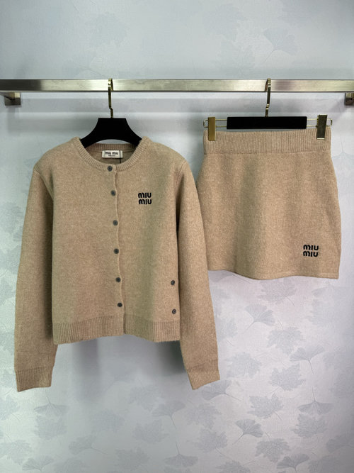 Miu Miu Round Neck Cardigan and Skirt Set with Lettered Logo Accent