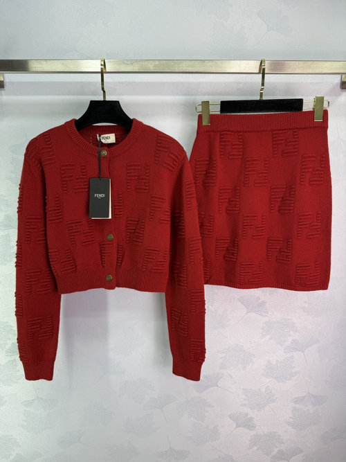 Fendi Red Knit Set with FF Embossed Design and Metal Buttons