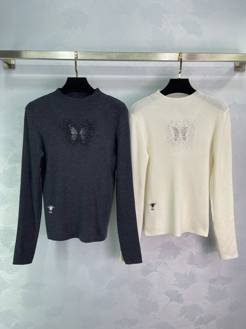 Dior Butterfly Embroidery Knit Top with Bee Motif, Versatile Elegance