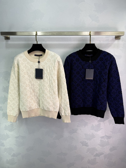 Louis Vuitton Full-Print Monogram Knit Sweater of Soft Wool with Ribbed Hem