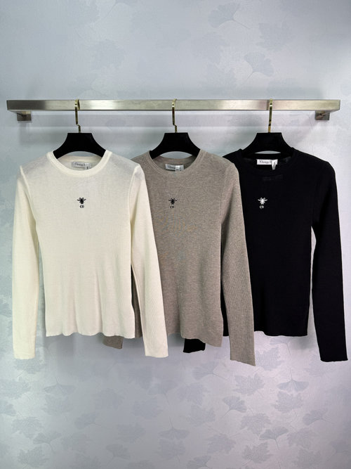 Dior Simple Bee Embroidered Knit Base Layer Long Sleeve