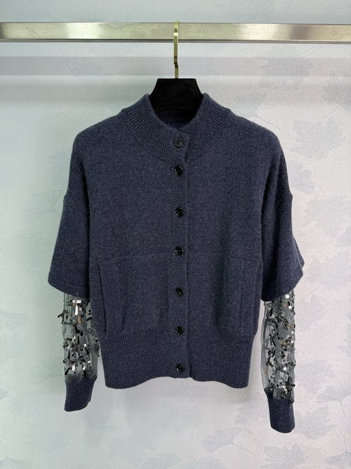 Brunello Cucinelli Sparkling Sequin Sleeve Knitted Cardigan Crafted from Cashmere and Wool Blend