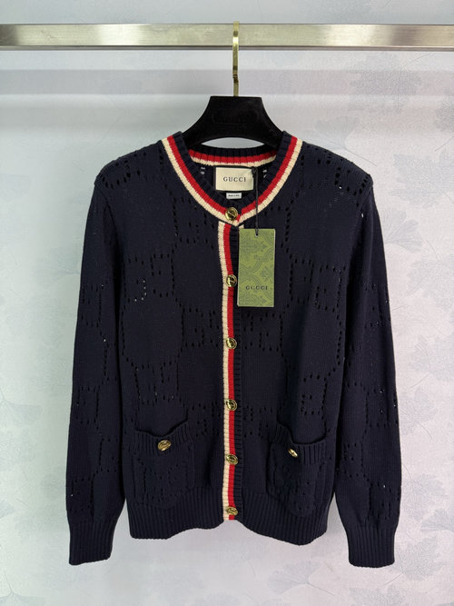 Gucci Fashionable Hollowed Knit Cardigan with Red-White Striped Collar