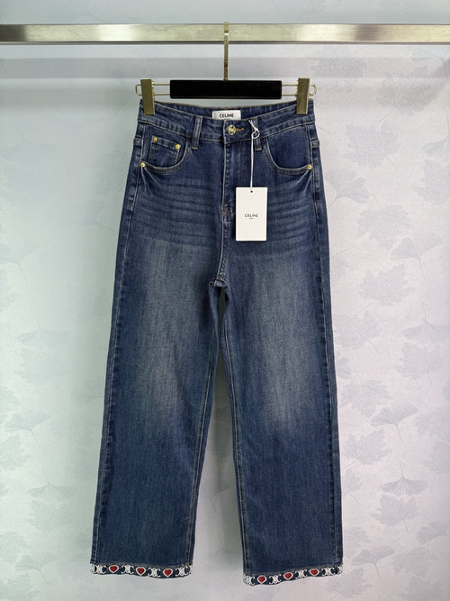 Celine Jeans with Heart-Embroidered Pocket and Arc de Triomphe Logo