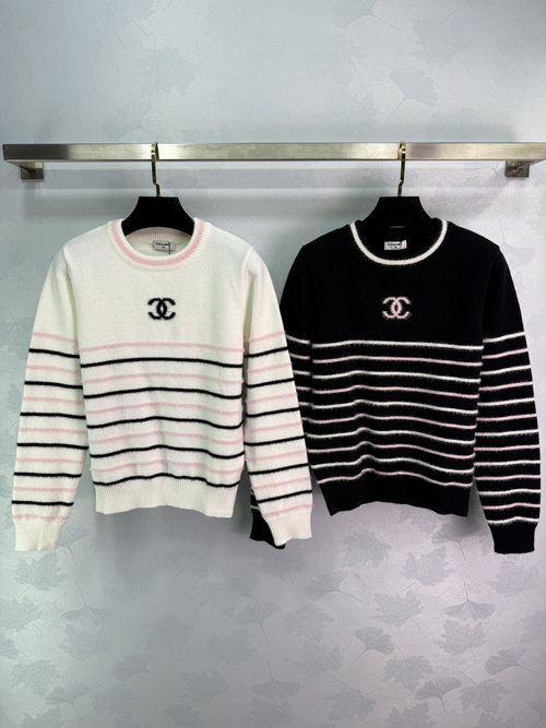 Chanel Stylish Contrast Stripe Knit Pullover with Double-C Logo