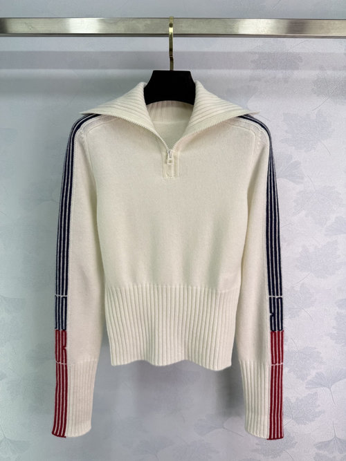 Dior Stylish Half-Zip Knitted Sweater with Contrast Striped Sleeves and Red Hem