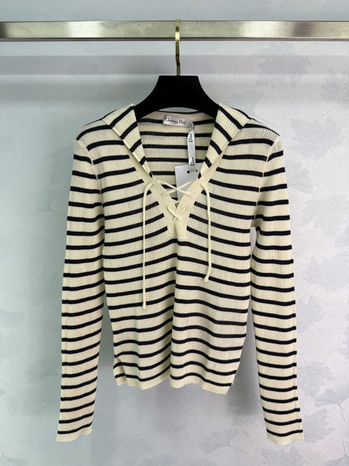 Dior Black and White Striped Knitted Top with Navy Collar and Cross Strap