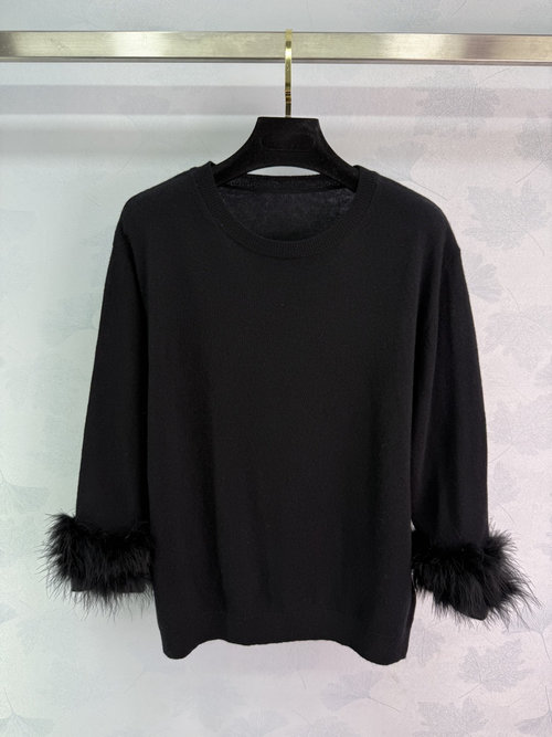 Valentino Feather Sleeve Knit Top with Ostrich Feather Trim, Soft and Comfortable Fabric