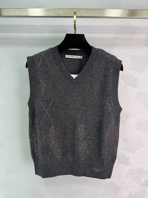 Alexander Wang Custom Yarn Knitted Vest & Skirt Set with Diamond Pattern and Brand Emblem