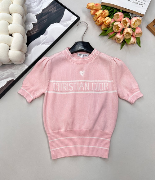 Dior Pearl-embellished Knit Bubble Short Sleeve with Stripe Trim