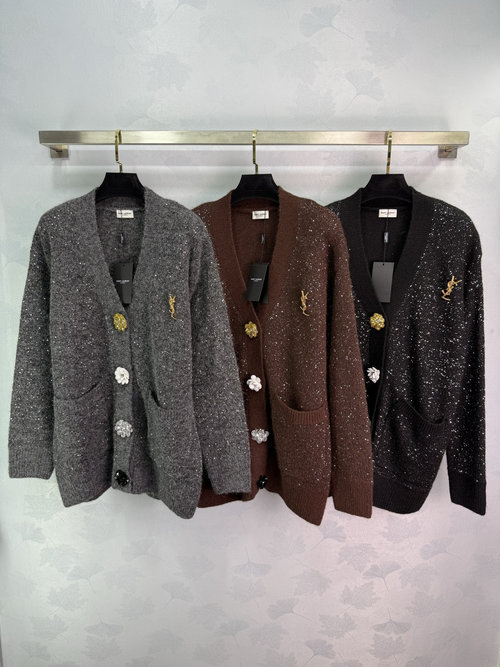 Yves Saint Laurent Graceful Starry Night Knitted Cardigan with Golden Logo Embroidery and 3D Flowers
