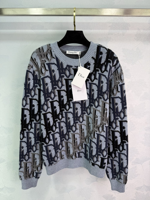 Dior Blue-Grey Light Blue Knitted Round Neck Top with Classic Letter Print