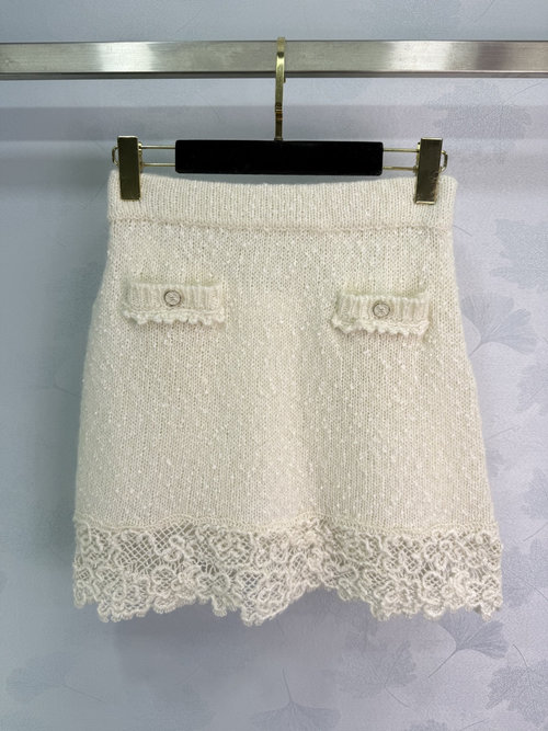 Chanel A-Line Knit Skirt with Lace Hem and Double C Buckle Pocket