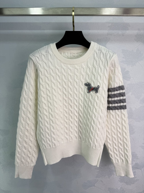 Thom Browne Dog Embroidered Cable Knit Sweater with Gray - Striped Cuffs
