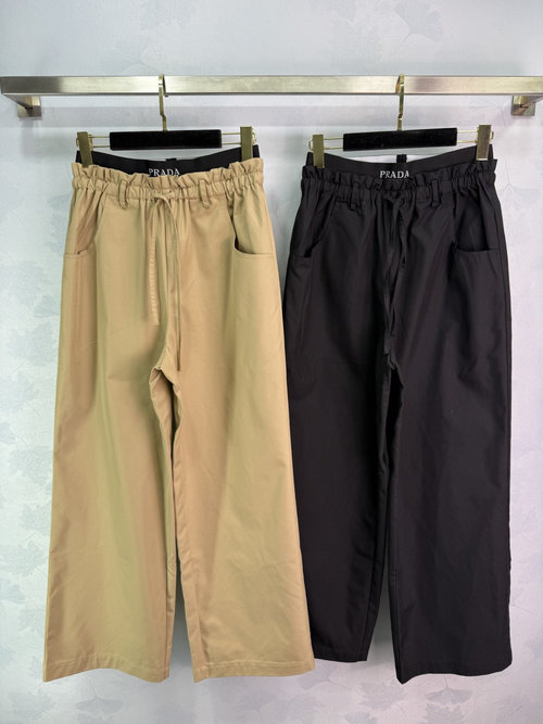 Prada Fold Flower Waistband Wide-Leg Pants with Distinctive Design