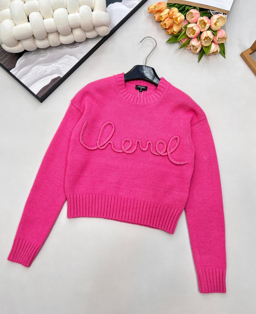 Chanel Handmade Beaded Knit Top with Pink Lettering, Versatile for Any Bottoms