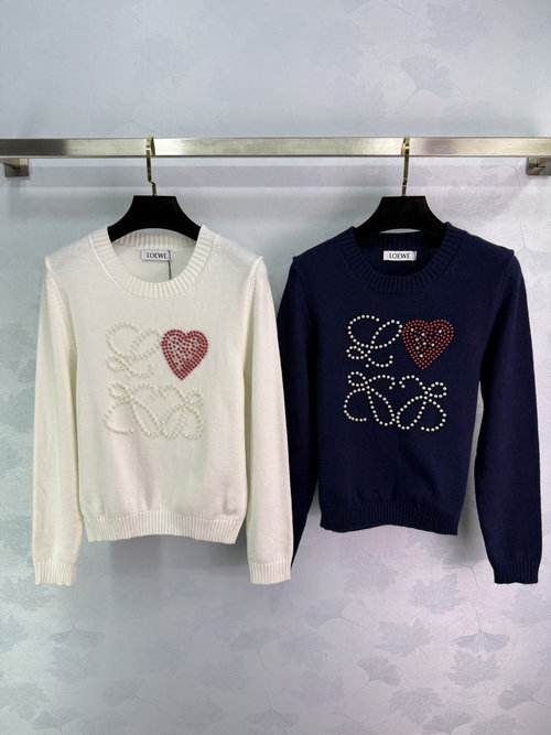 Loewe Luxurious Beaded Crew Neck Long Sleeve Sweater with Custom Wool Yarn