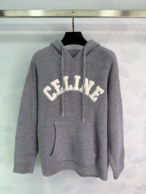 Celine Hoodie Sweater with Embroidered Logo, 100% Wool for Comfort