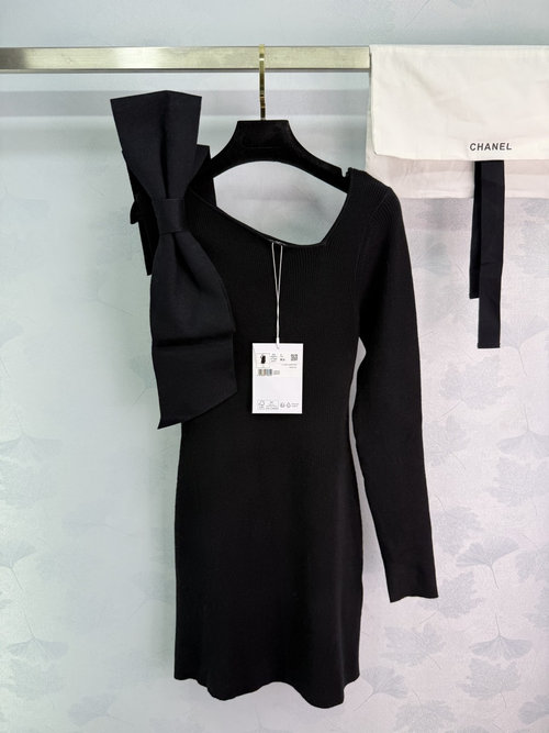 Chanel Luxury Bow-Embellished Off-Shoulder Dress with Double C Logo
