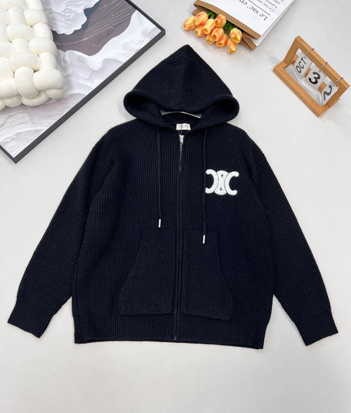 Celine Classic Logo Black Knitted Hoodie, Soft and Versatile