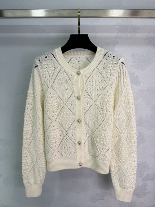 Dior Hollow Knit Long-Sleeve Cardigan with Geometric Patterns