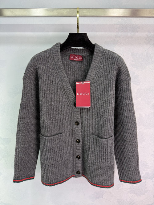 Gucci V-Neck Knit Cardigan with Red Trim and Pocket, 100% Wool
