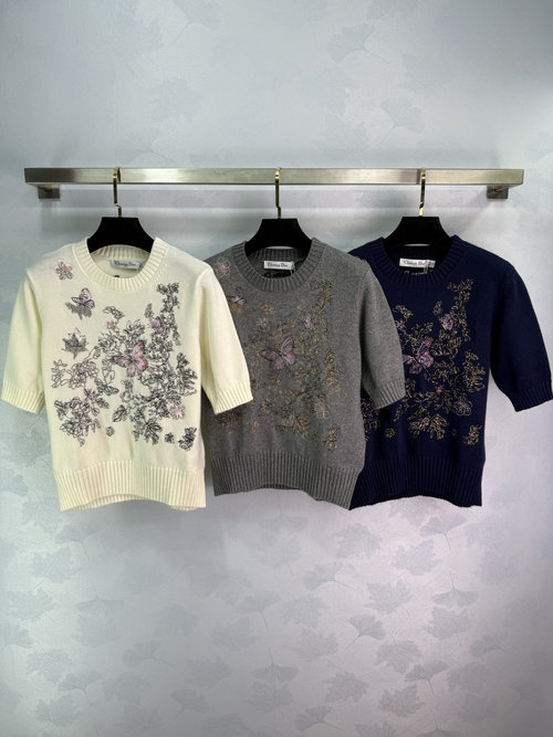 Dior Customized Wool Blend Knitted Short Sleeve with Colorful Butterfly Embroidery