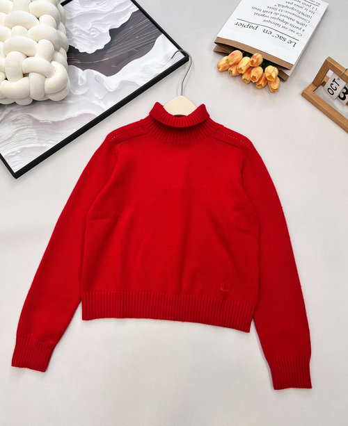 Celine Chic High-neck Wool Knit Sweater with Subtle Embroidery