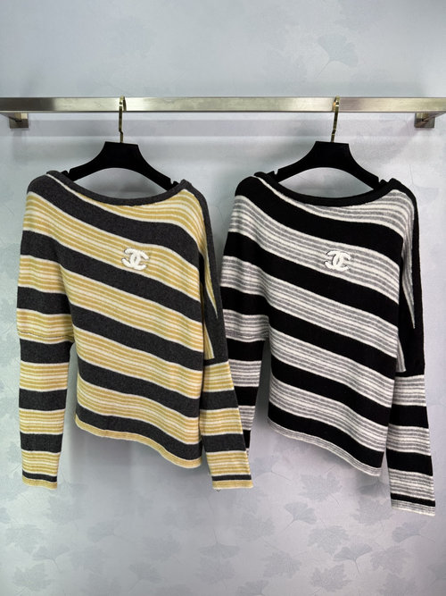 Chanel Chane Striped Knit Sweater with Double C Embroidery