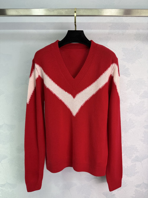 Valentino Red V-Neck Sweater with White Stripes