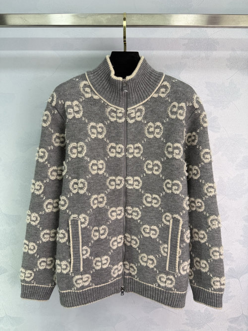 Gucci Double G Jacquard Stand-Collar Cardigan in Soft Wool Blend