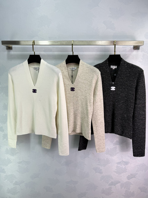 Chanel V-Neck Knit Sweater with Classic Double C Logo