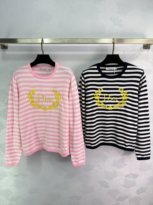 Dior Striped Long-Sleeve Shirt with Golden Flower Embroidery