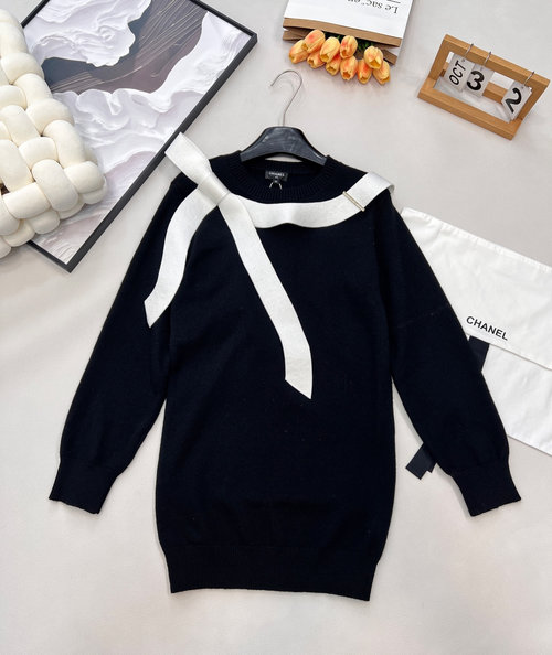 Chanel Exclusivly Handmade Bow Black Knit Dress with White Stripes