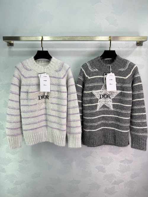 Dior Round Neck Long Sleeve Knit Sweater with Letter and Star Embroidery