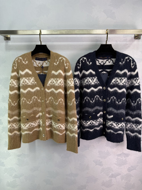 Louis Vuitton Fair Isle Knitted V-Neck Cardigan with Ribbed Trim and Color Block
