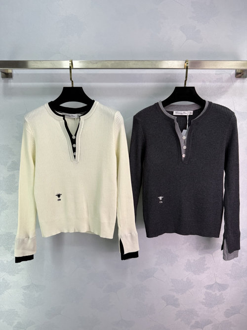 Dior Fake Two-Piece Knit Garment with V-Neck and Bee Embroidery, Soft Blend