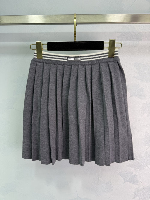 Miu Miu Pleated Skirt with Striped Belt, Wool Blend, Retro College Look
