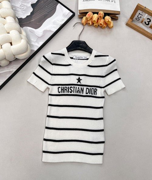 Dior Contrasting Stripe and Letter Jacquard Short-Sleeved Knitwear