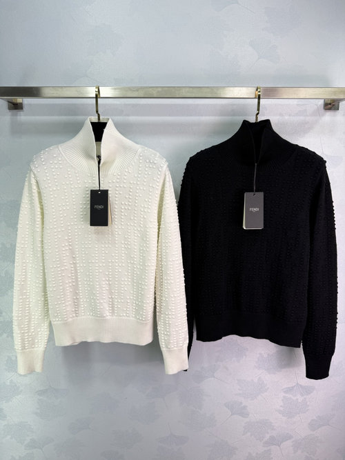 Fendi High-Neck Knit Sweater with Pearl Texture, Wool Blend for Sophisticated Warmth