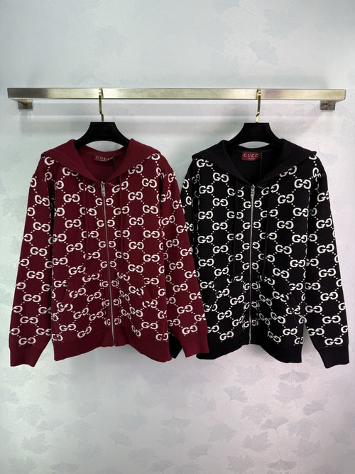 Gucci Reversible Hooded Zip - Up Knit Jacket with Double G Pattern and Solid Color