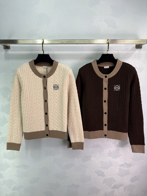 Loewe Round-Neck Knitted Cardigan with Twisted Pattern and Logo