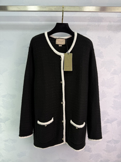 Gucci Contrast-Trim Knit Cardigan with Hollow Crochet, Fashionable and Adaptable