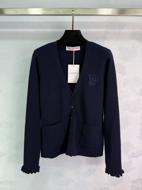 Valentino V-Neck Open Cardigan with Ruffled Cuffs, 100% Wool, Slimming