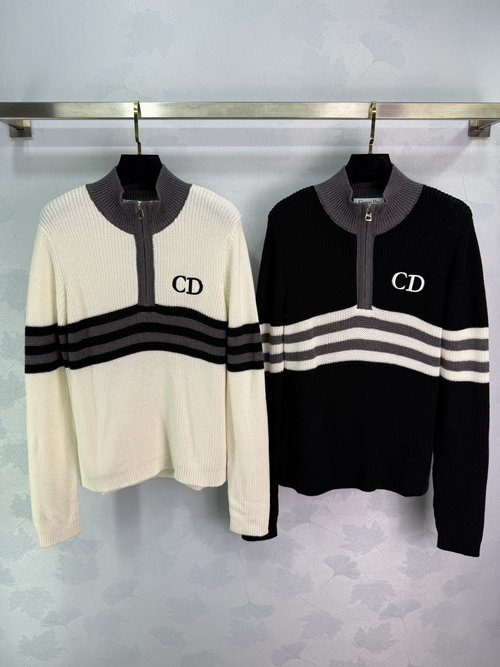Dior Striped Collar Long Sleeve Top with Zipper Design