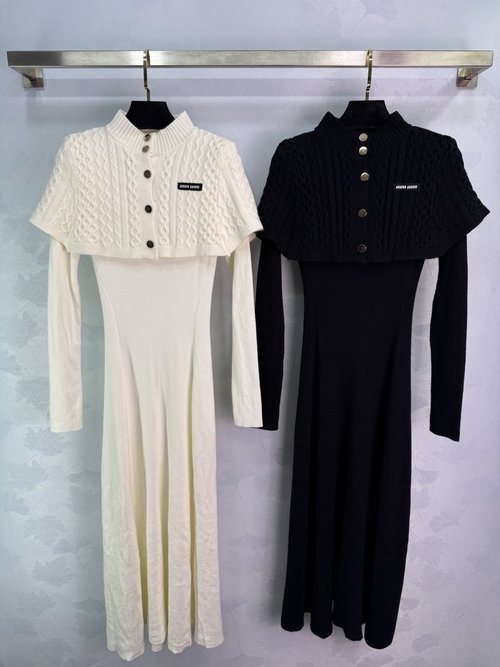 Miu Miu Two-Piece Knit Dress Ensemble with Cloak Top and Umbrella Skirt
