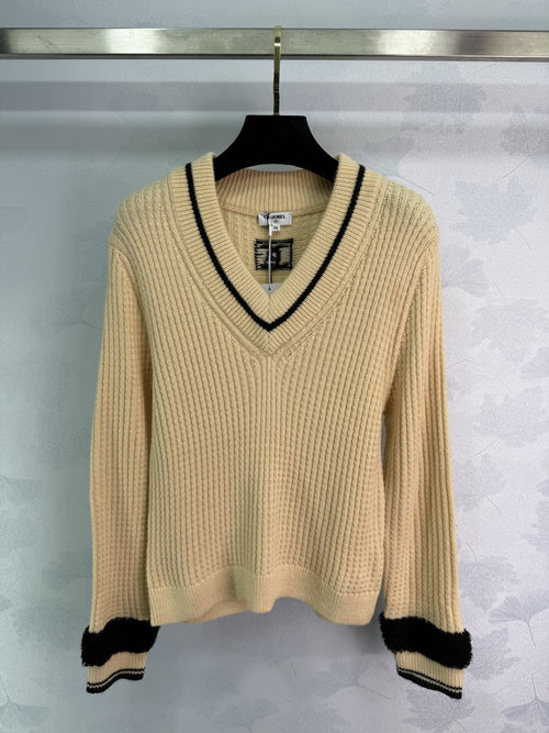 Chanel V-neck Knit Sweater with Black Stripes and Double C Logo, Comfortable Fabric