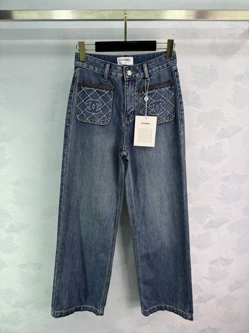 Chanel Early Autumn Double-C Logo Pocket Denim Straight-Leg Pants