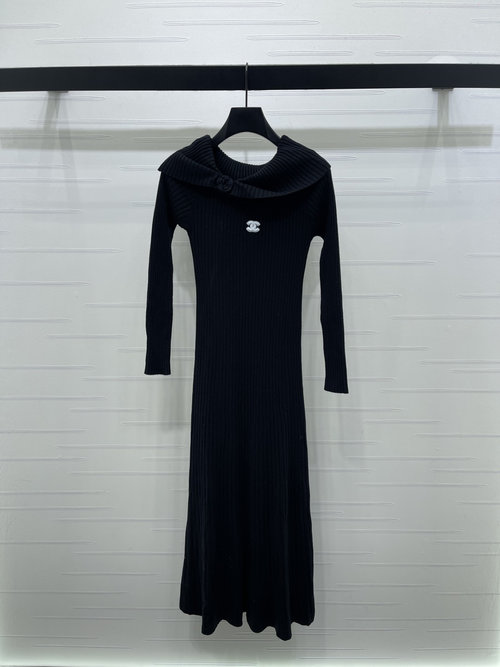 Chanel Vertical Ribbed Knit Long Sleeve Dress with Double C Embroidery, Wool Blend Fabric