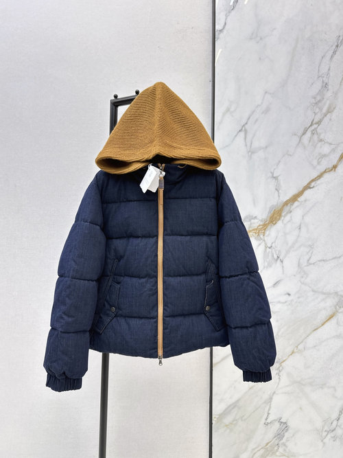 Brunello Cucinelli Fake Two-Piece Hooded Down Jacket with Wool Knit Splicing